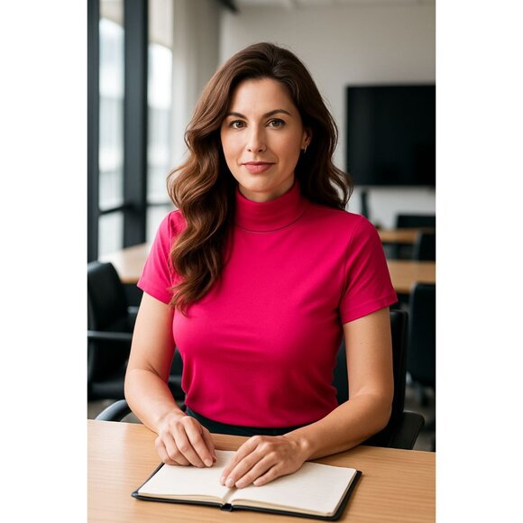 Alfani Petites PS Fuchsia Pink Mock Turtleneck Stretch Short Sleeve Top Citywear - Picture 3 of 12